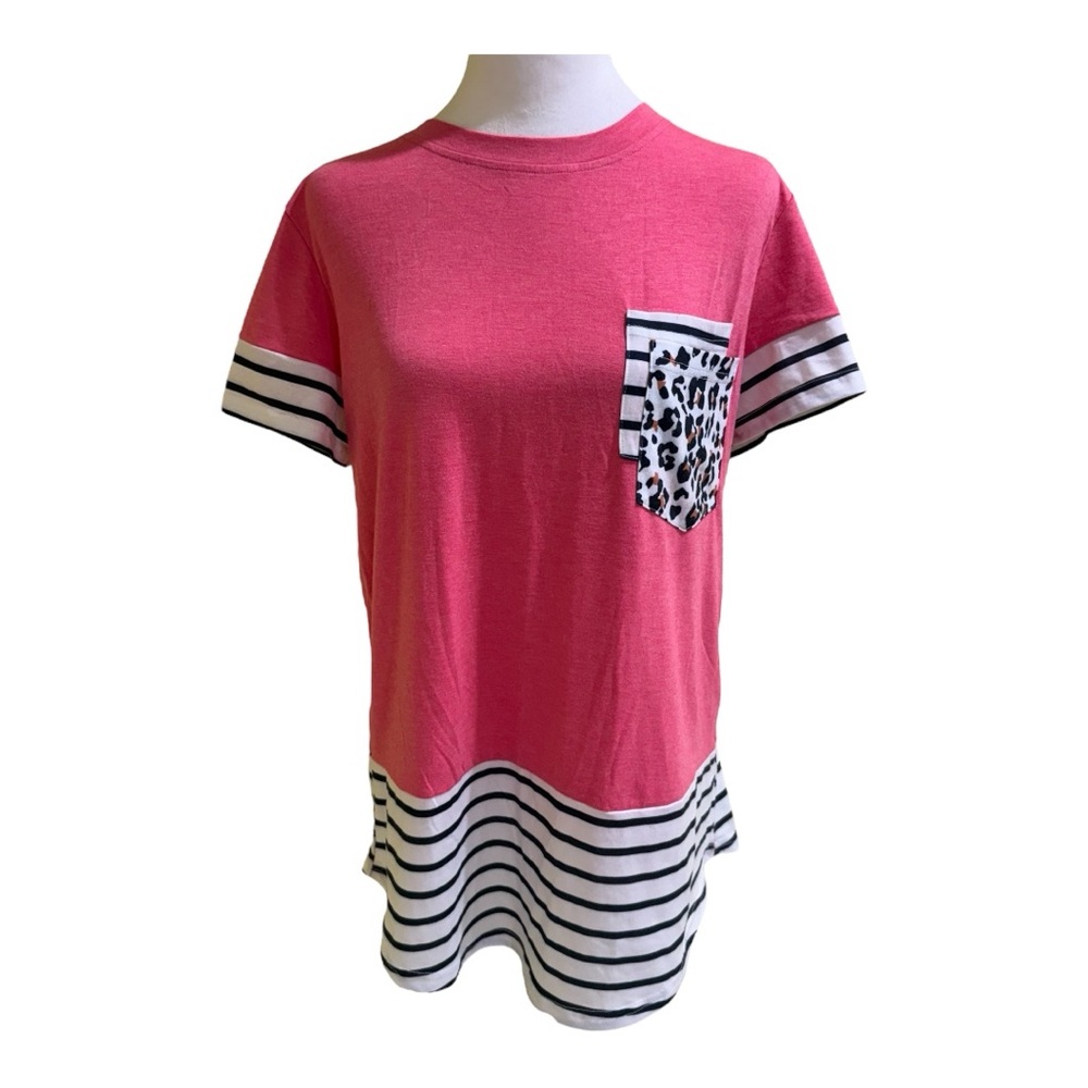 Pink Striped Women's Top with Leopard Pocket
